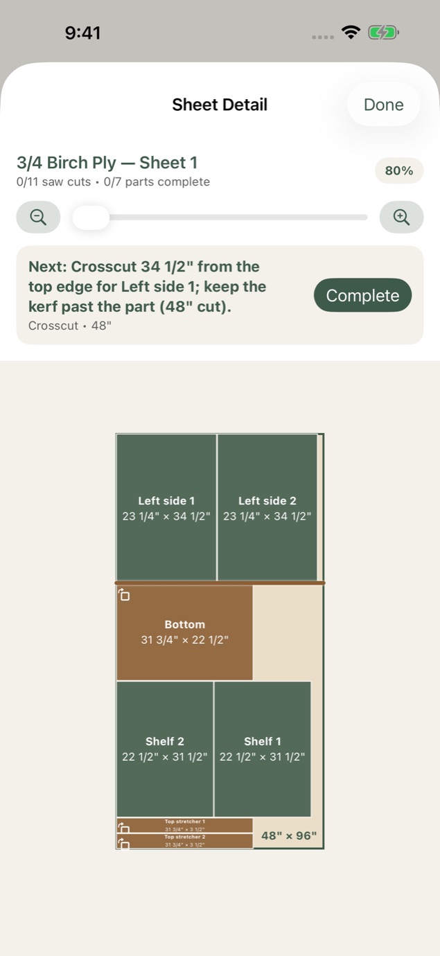 XyloKerf sheet detail showing cabinet parts laid out on a 48 by 96 inch plywood sheet, with the next crosscut highlighted.