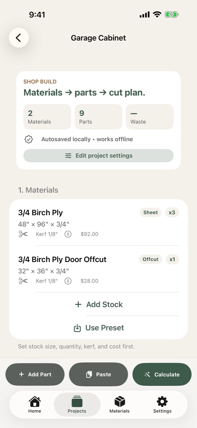 XyloKerf project screen for a garage cabinet, listing two birch plywood materials with size, kerf and cost.